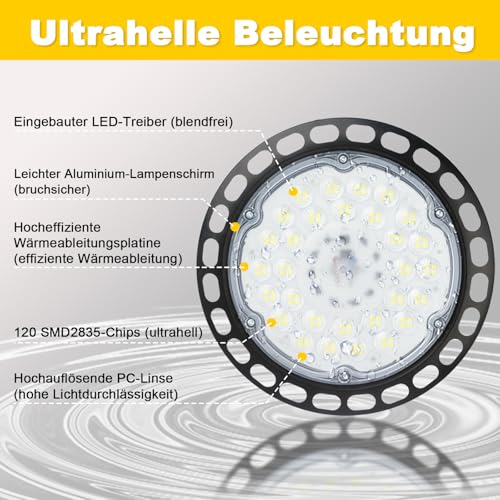 Fynokst Faretto Led Ufo 100W, 12800LM 6000K Lampada Da Officina, Super Luminose Bianco Freddo, IP66 Impermeabile Industriale Faretto, Lampada Led Per Garage, Officina, Fabbrica, Corridoio - 3