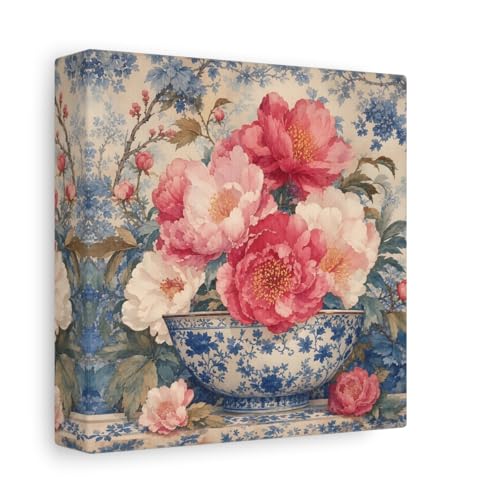 Tableau sur toile pivoines roses et bleues 3cm finition luxe