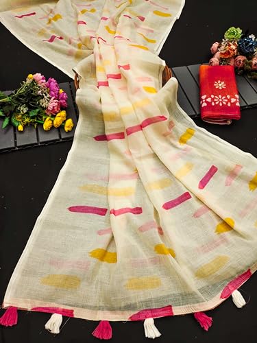 Image of Pure Linen Cotton Paint Saree with Cotton Handwork Blouse, Lemonish White, 5.5 Meters