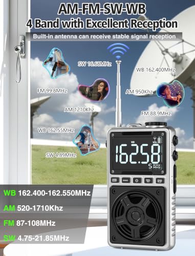Image of Bluetooth AM FM Shortwave Radio with NOAA Weather Alert,1250mAh Rechargeable Portable Pocket Radio with Best Reception 5W Big Speaker Digital Tuner and Earphone,Support SD Card and USB Player Silver