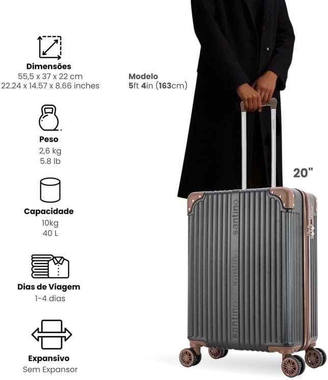 SANTINO Mala de Bordo Palazzio Rígida ABS 10kg com 8 Rodas 360 Graus e Trava de Segredo Padrão ANAC SANTINO Mala de Bordo Palazzio Rígida ABS 10kg com 8 Rodas 360 Graus e Trava de Segredo Padrão ANAC