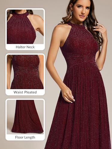 Image of Ever-Pretty Women's Glitter Halter Sleeveless Formal Dresses Evening Gowns Pleated A-line Wedding Guest Dress 41961