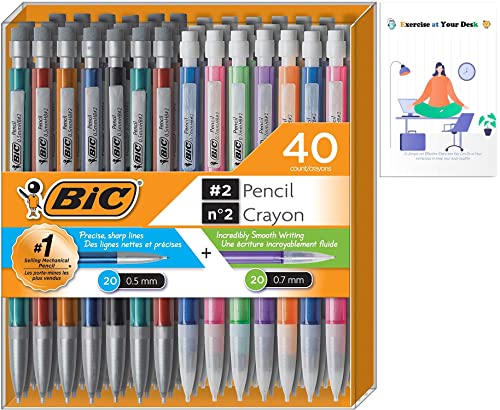 BIC Mechanical Pencil #2 EXTRA SMOOTH, Variety Bulk Pack Of 40Mechanical Pencils, 20 0.5mm With 20 0.7mm Mechanical Led Pencils, Assorted Colored Barrels, for+ E-Book"Exercise at Your Desk"