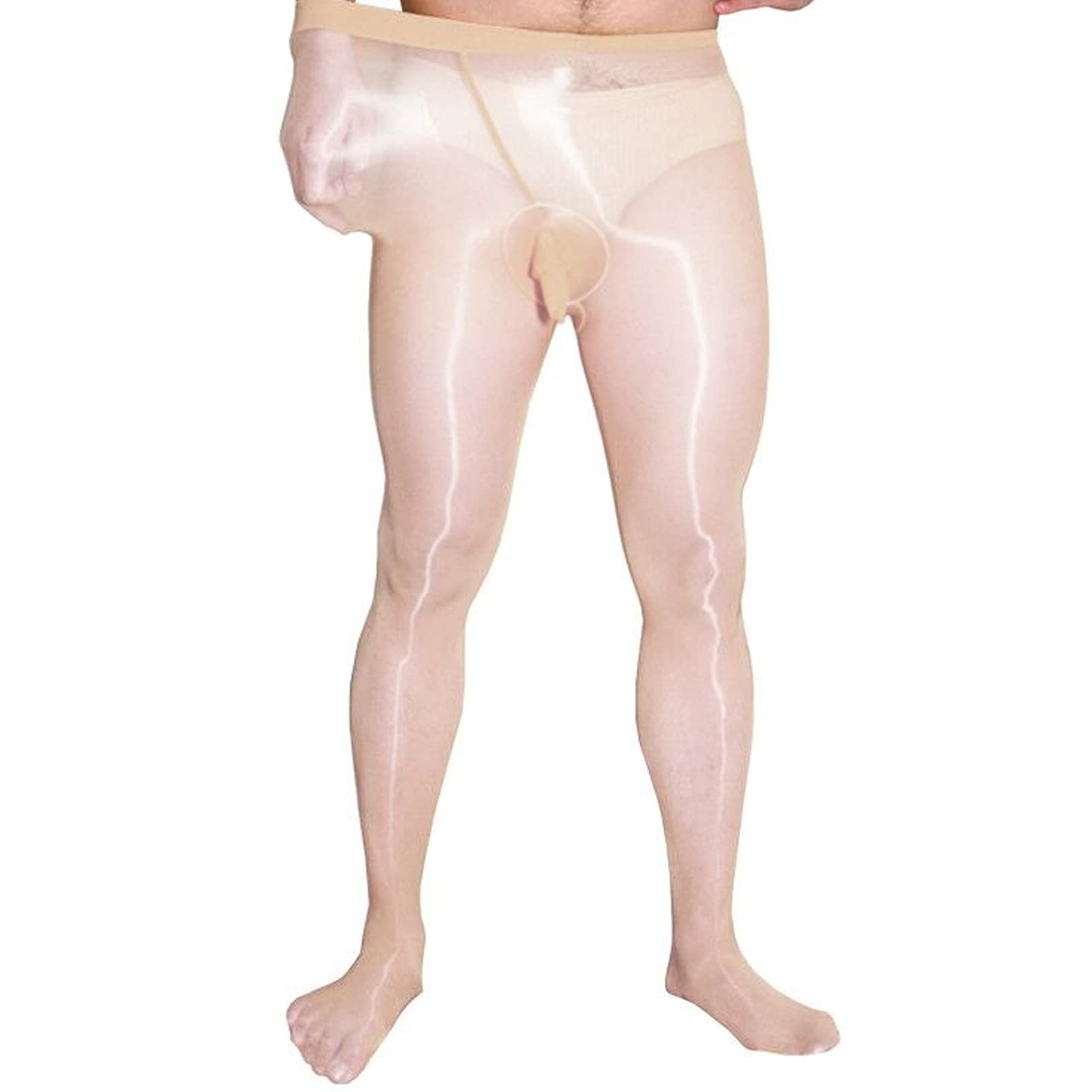 BEFASY Men's 8D Ultra Shiny Glossy Pantyhose High Elastic See Through Sheer Stockings Tights with Sheath, Beige,sheath Closed,leggings