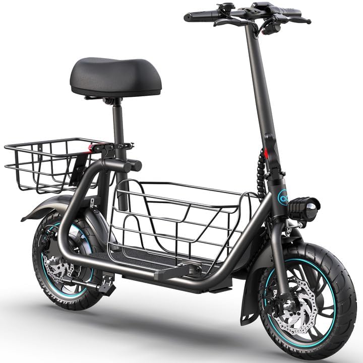 Gyroor C1S Electric Scooter with Seat for Adults - 550W Motor, Pet Basket, 19 MPH Top Speed, 20 Miles Range, 12" Pneumatic Tires, Foldable Commuting Scooter, Jet Black