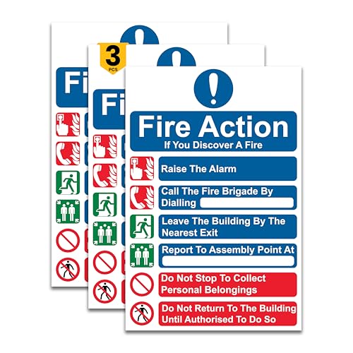 Stcky Fire Action Notice Sign (Pack of 3) - 20 x 30 cm Premium Vinyl Sticker Fire Signs | Fire Signage- Durable, Self Adhesive, UV resistant & Waterproof Health and Safety signs