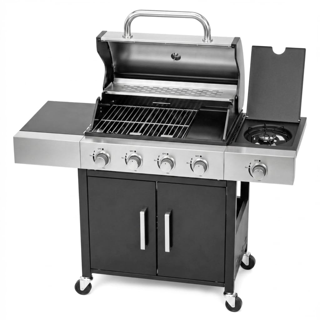 Meridiana Barbecue a Gas Professionale XXL 5 Fuochi 13 KW con Bruciatore Laterale Griglia Acciaio Ghisa