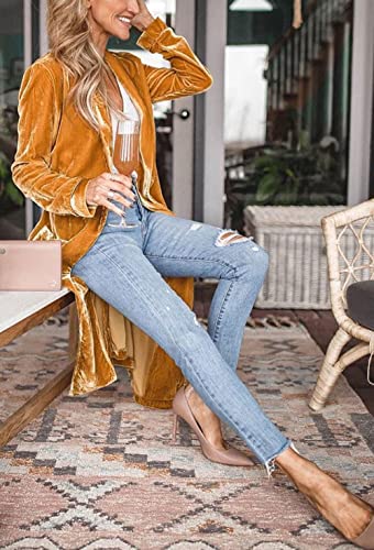 CHARTOU Women Elegant Velvet Jacket Open Front Long Cardigan Duster Long Sleeve Office Work Blazer2