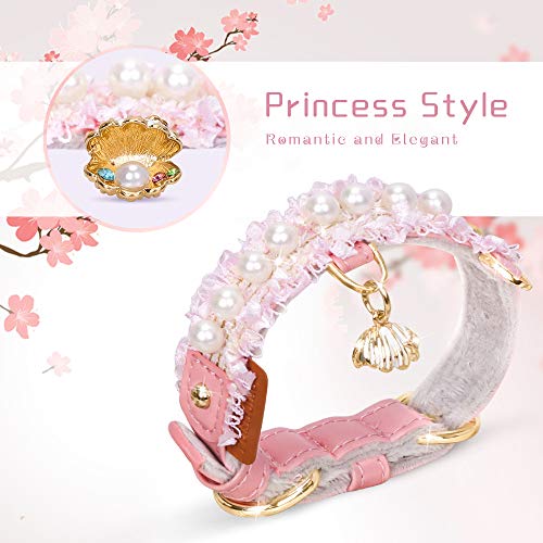 Image of Premium PU Leather Cat and Dog Collar with Shell Pendant - Adjustable, Cute Pearl, Beautiful Lace, Small Pink
