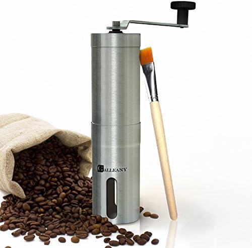 Prime Deal Manual Ceramic Coffee Grinder Galleany - Best Adjustable Conical Ceramic Burr - Hand Coffee Mill Stainless Steel- Aero press Compatible - Portable with Cleaning Brush
