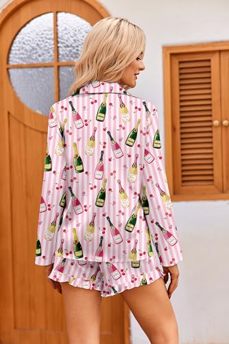 Image of Ekouaer Womens Satin Pajama Sets Cute Button Down Silk Pjs with Ruffle