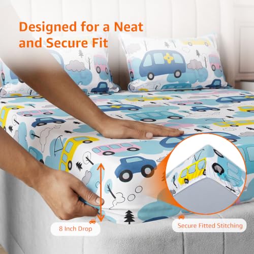 Image of Amazon Basics - 100% Cotton Kids Bedsheet | 144TC |Fitted Queen Bed Sheet with 2 Pillow Cover|Soft Cotton | Cartoon Print | 78 Inch x 60 Inch - 8 Inch Drop, Car Themed Queen Bedsheet