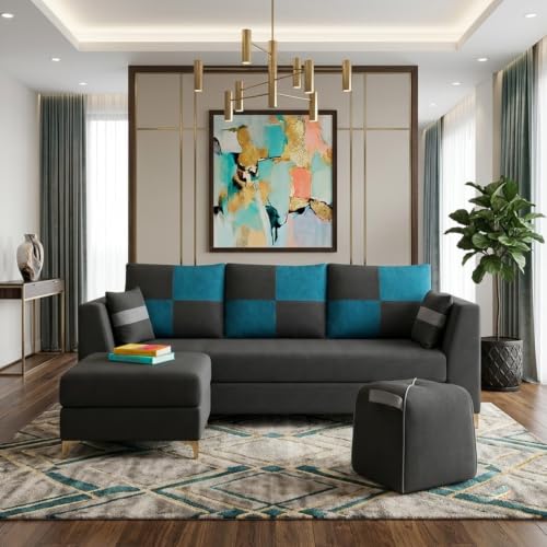 Image of FURNY Signature Cresta 5-Seater L-Shape Sofa Set with Movable Ottoman & Suri Pouf | Flexible LHS /RHS Layout | Boston Fabric | 40D Foam + Zigzag Spring | 3-Yr Warranty (Ash Grey-Aqua Blue)