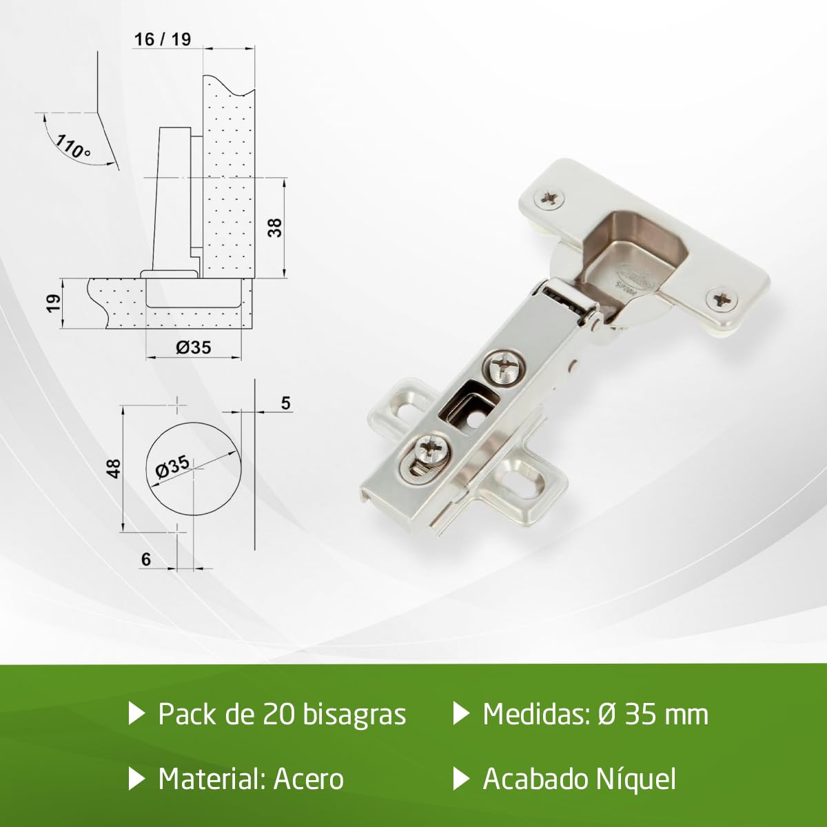 Amig - Pack de 20 Bisagras de Cazoleta Recta - Ø35 mm - Acero Niquelado - Pestillo de Apertura Rápida - Instalación Oculta para Muebles - Tacos y Tirafondos Premontados