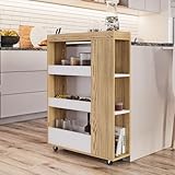 URBNLIVING 4 Tier Slim White & Oak Wooden Rolling Portable Kitchen Trolley Cart Veg Storage