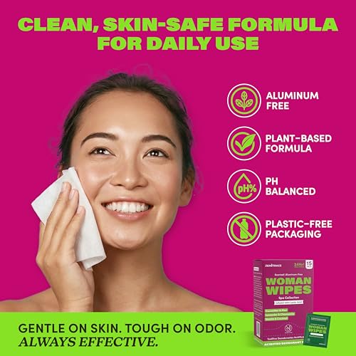 Image of Zero Trace Deodorant Body Wipes for Women - Aluminum Free Underarm Wipes with Lactic Acid - Cucumber Aloe, Lavender Chamomile, Vanilla Coconut - Individually Wrapped Travel Wipe for Gym - 15 Pack