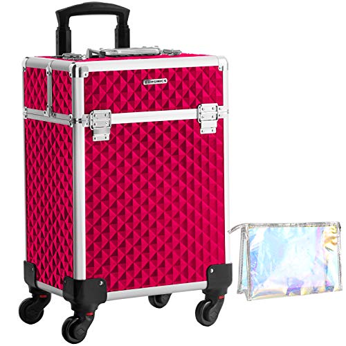 SONGMICS Valise de Maquillage Professionnel, Mallette à cosmétique, Mobile, 4 roulettes, 4 Plateaux, poignée télescopique, Voyage, déplacement, Cadeau Noel, Rouge JHZ013R01