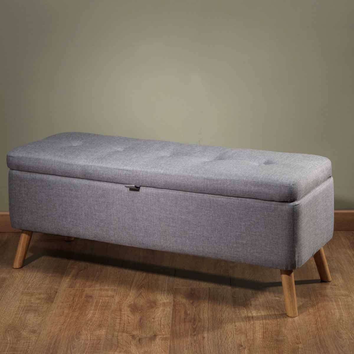 Grey Linen Ottoman Lift Up Storage Bench With Solid Wooden Legs - Grey