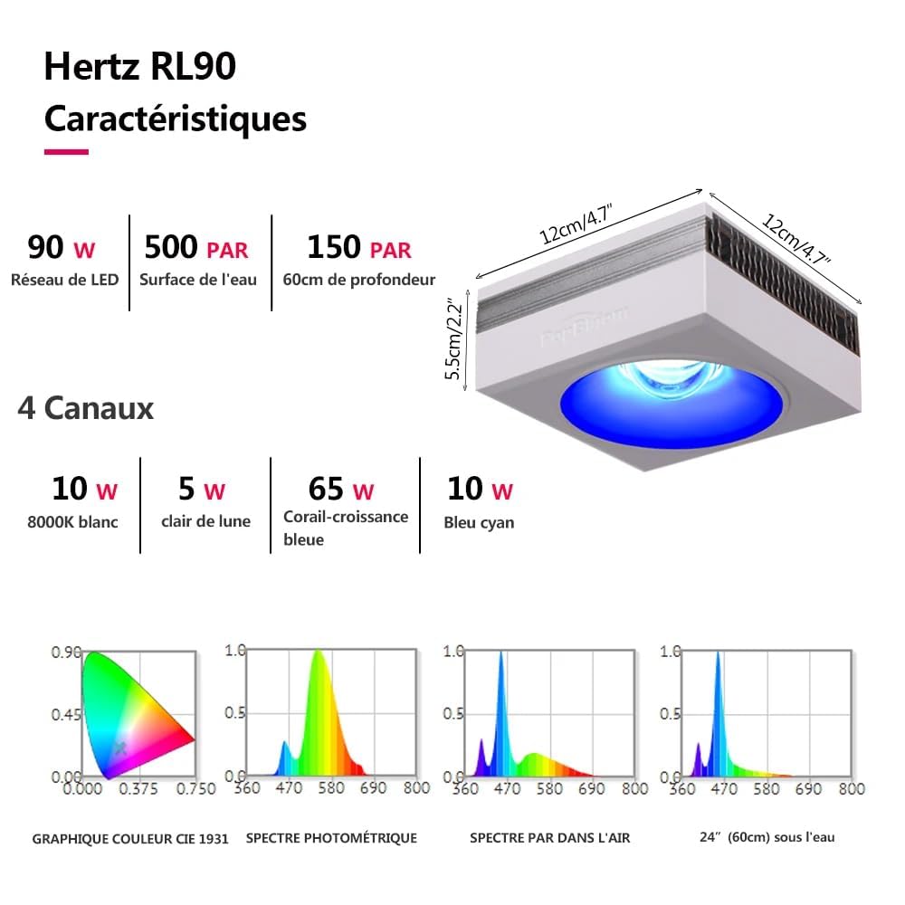 PopBloom RL90 WiFi Rampe LED Aquarium Eau de Mer 100W, APP Programme Marine Éclairage à Spectre Complet pour Aquarium de Corail, L'APP prend en charge le français