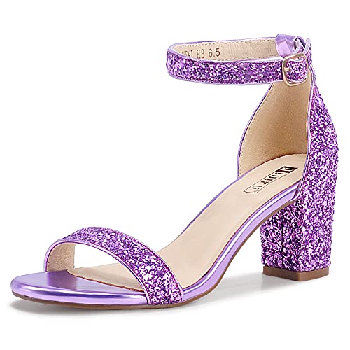 IDIFU Cookie-MI Block Heels 3 Inch Sandals Chunky Open Toe Heel Wedding Homecoming Dress Shoes for Women Brides Ladies (Lilac Sequin 7 B(M) US)