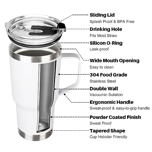 Image of 20 oz Tumbler with Handle, Stainless Steel Insulated Tumblers with Lid and Straw, Double Wall Vacuum Insulated Tumbler, Leak-proof, Insulated Travel Mug Coffee Cup for Cold and Hot (White)