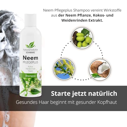 Naturprodukte Schwarz - Neem Pflegeplus Shampoo - Neemöl, Weidenrinden & Kokos Extrakt - Ohne Silikone, 250ml