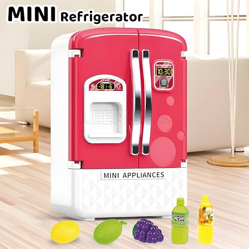 Image of Kids Mini Dollhouse Fridge Miniature Refrigerator Mini Fridge Toy with Food, Lights, Music and Toy Fruits - Realistic Kitchen Appliance for Pretend Play (Mini Refrigerator)