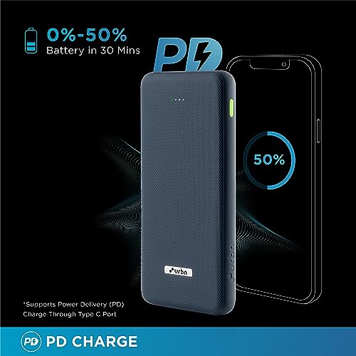 Image of URBN Power Bank 10,000mAh - Ultra Slim, 22.5W Two Way Fast Charging, Triple Output, Dual Type C PD, 12 Layers Circuit Protection, BIS Certified, Made in India with Free Type C Cable - Blue.