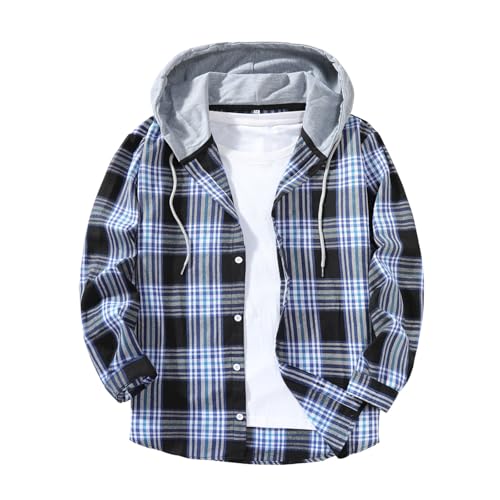 Men Flannel Hooded Shirt Casual Button Down Blouse Plaid Long Sleeve Hoodie - image 3