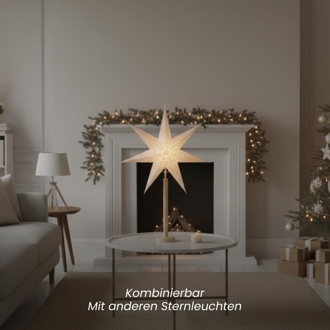 Stehlampe Weihnachtsstern Elice von Star Trading, 3D Papierstern Weihnachten mit Holz-Fuß in Natur, Dekostern Stehleuchte mit Kabelschalter, E14, Höhe: 85 cm