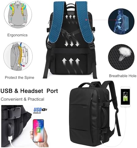 FANDARE Reisrugzak, laptoprugzak, handbagage, rugzak, heren, schoolrugzak met USB-oplaadpoort, convertible duffle bag dames, werk, schooltas, reizen, dagrugzak, dagrugzak voor 17 inch laptop, zwart