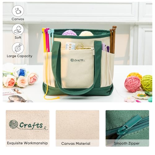 Image of MYBAGZING Canvas Yarn Storage Organizer Bag Washable Crochet Bag with Pockets for Yarn, Hooks, Needles - Travel Knitting Tote for Crafters - Gift for Crocheters & Knitters (Medium /Large)