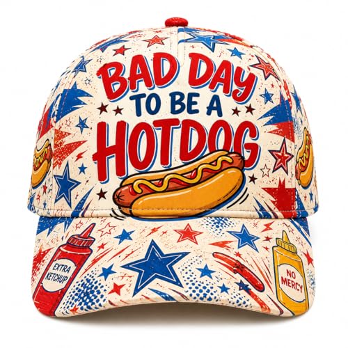 Funny Hot Dog 4th of July Baseball Cap for Men Women, Patriotic BBQ Cookout Dad Hat Fluorescent Green