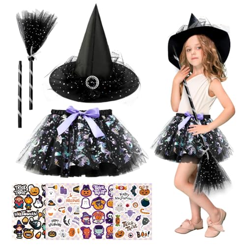 ZJILIXIA Disfarce de bruxa de Halloween, disfarce bruxa menina Tutu 3-8 anos, saias de tutu de fadas com chapéu de bruxa, vassoura e 4 autocolantes de Halloween, para Halloween carnaval cosplay festa