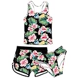 uideazone 14-15 Years Teen Girls 3 Piece Bathing Suits 3D Printed Hawaiian Tropical Theme Swimsuit with Shorts Summer Flower Bikini Swimwear Sets for Vacation
