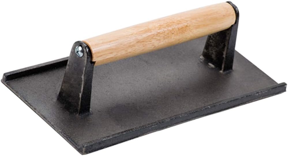 Tezzorio 8 x 4-Inch Cast Iron Steak Weight/Bacon Press with Wooden Handle, Heavy-Weight Grill Press, Commercial Grade Burger/Panini Weight Press