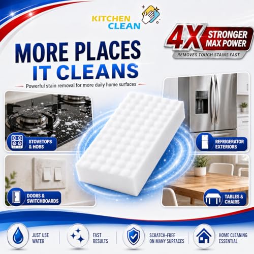 Image of Kitchen Clean Magic Eraser Sponge Pack of 2 | 4X Strong Stain Cleaning Remover for Walls, Kitchen, Bathroom Tiles, Glass & Shoes | Just Add Water