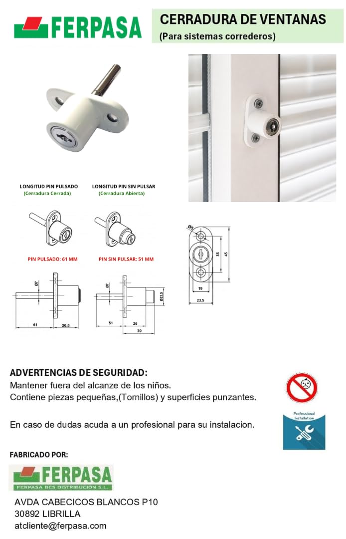 FERPASA® - Cerradura de Seguridad para Ventanas Correderas – Cierre de Sobreponer de Acero con Llaves y Tornillería (45 x 23,5 mm) (6, Negro)