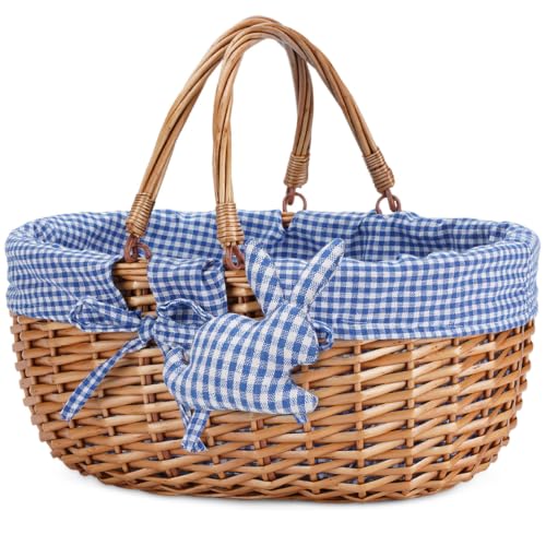Image of VIREO GARDEN Wicker Picnic Basket with Double Folding Handles,Willow Picnic Hamper,Natural Hand Woven Easter Basket,Easter Eggs and Candy Basket,Bath Storage,Gift Packing Basket.BLUE