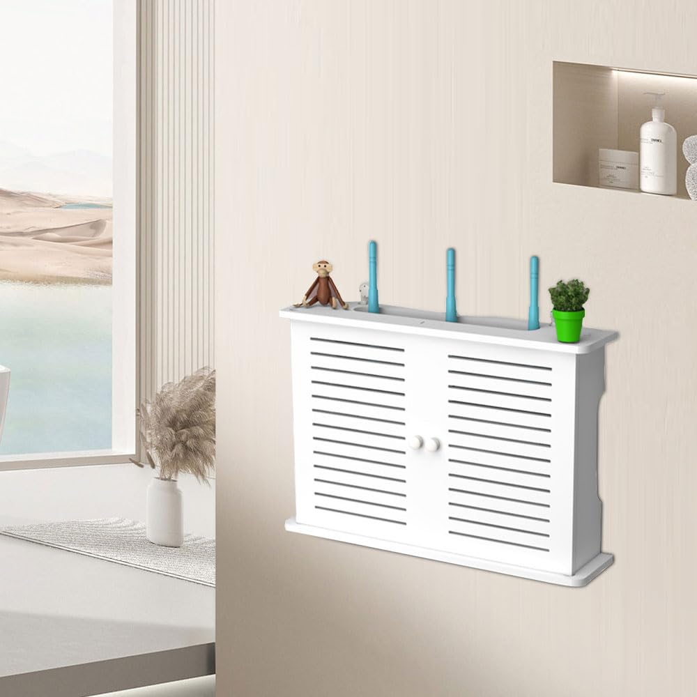 Les-Theresa Wifi Router Box Cabinet Wall Mounted Wifi Storage Box Cover, Router Floating Shelf Adjustable Cabinet Router Rack for Wires Routers Home Office (Double Door) โ image 1