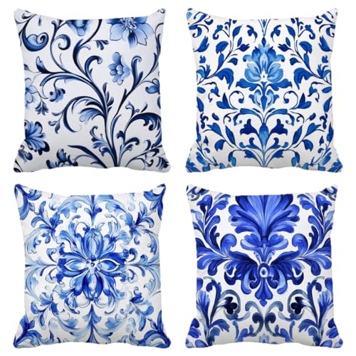 Cojines Exterior Impermeable Arte Funda Cojin 45x45cm Juego de 4, Lino Fundas Cojines Azul Cojin Sofa con Cremallera Invisible para Muebles Jardin Exterior, Balcón Decoracion Regalos (Model-330)