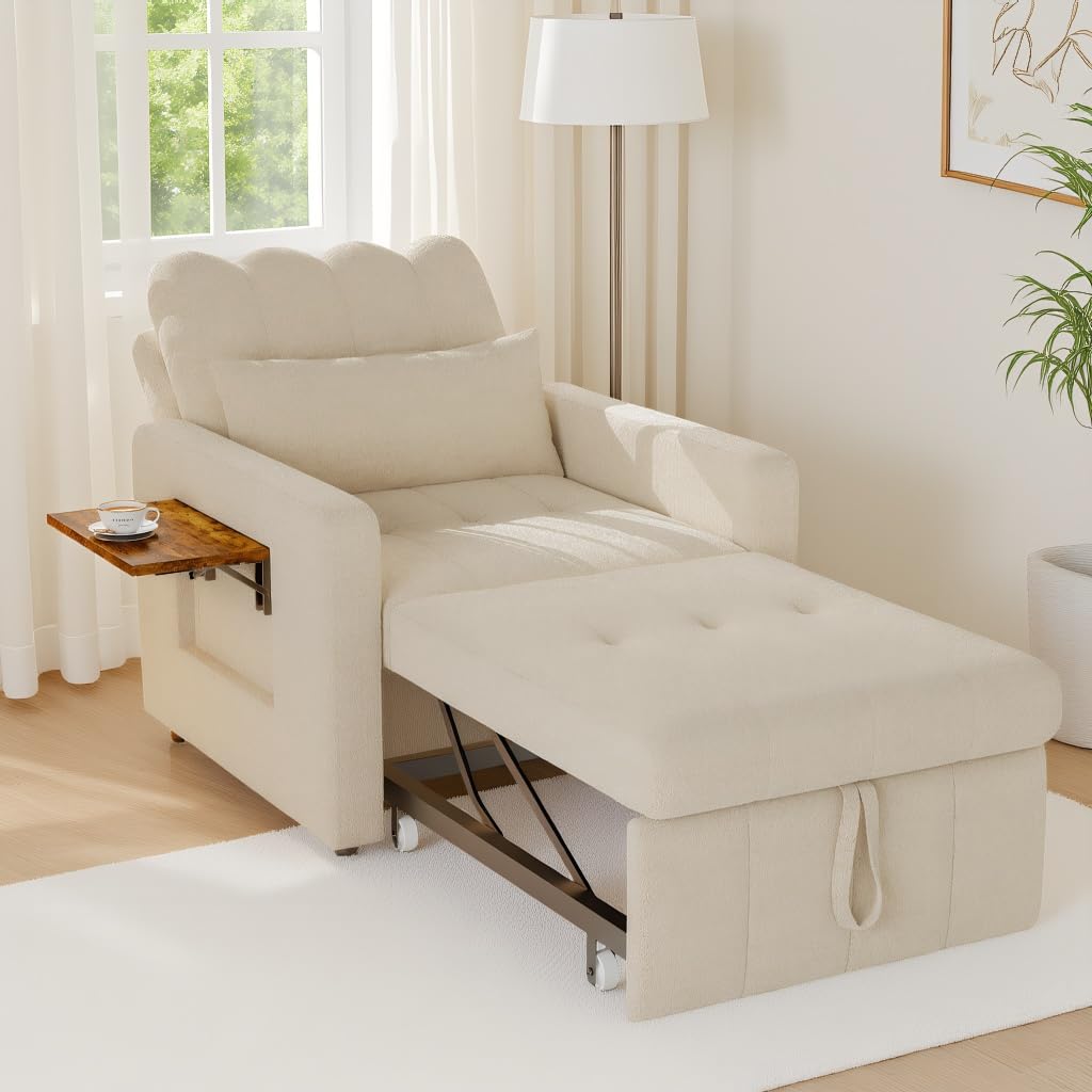 Poltrona letto convertibile 3 in 1, sedia a letto con funzione letto, divano allungabile, letto con tavoli da tè pieghevoli, divano letto singolo, poltrona regolabile con cuscino (beige, 190 x 108 x