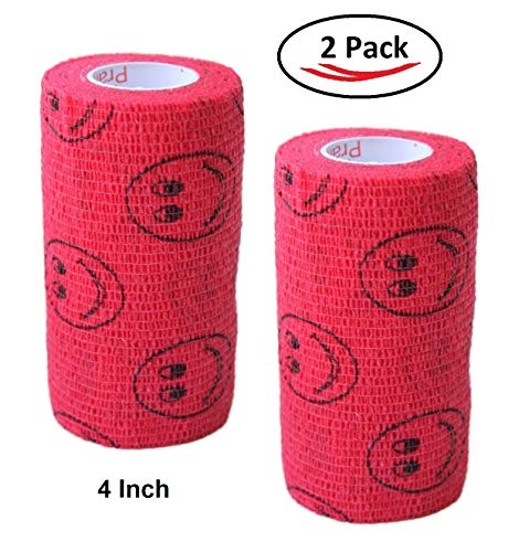 Image of Vet Wrap Wrap Tape (Red with Smiles) (2 Pack) (4 Inch x 15 feet) Self Adhesive Adherent Adhering Cohesive Flex Self Stick Bandage Grip Roll Dog Cat Pet Horse