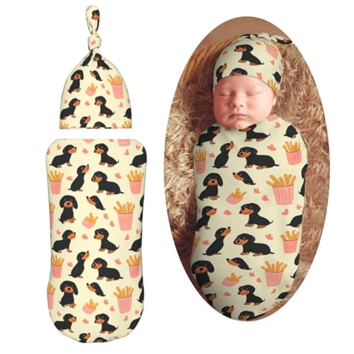 Image of Cartoon Adorable Dachshunds Newborn Swaddle Blankets Hat Sets Soft Baby Receiving Blanket Swaddle Sack for Baby Shower Infant Boy Girl Gift