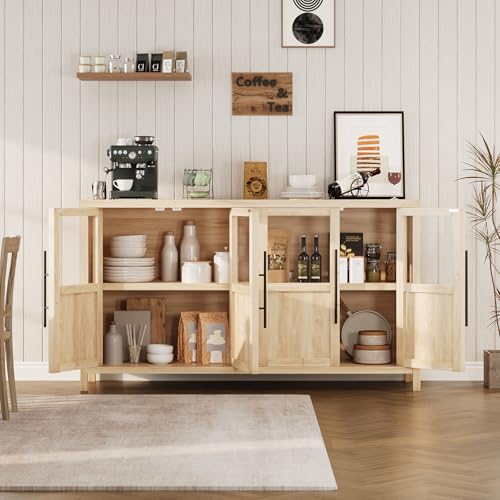 GarveeHome Sideboard Buffet Cabinet with 4 Glass Doors, 55" Buffet Table Coffee Bar Wine Bar Display Cabinet for Kitchen Dining Room, Living Room (Natrual, Glass with 4 Doors)
