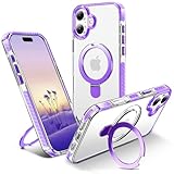 Sterker iPhone 16 ケース 6.1インチ用 [マグネット式リングスタンド付き] [Magsafe対応] [ミリタリーグレードの落下保護] スリム 耐衝撃 黄ばみ防止 保護クリアケース,紫