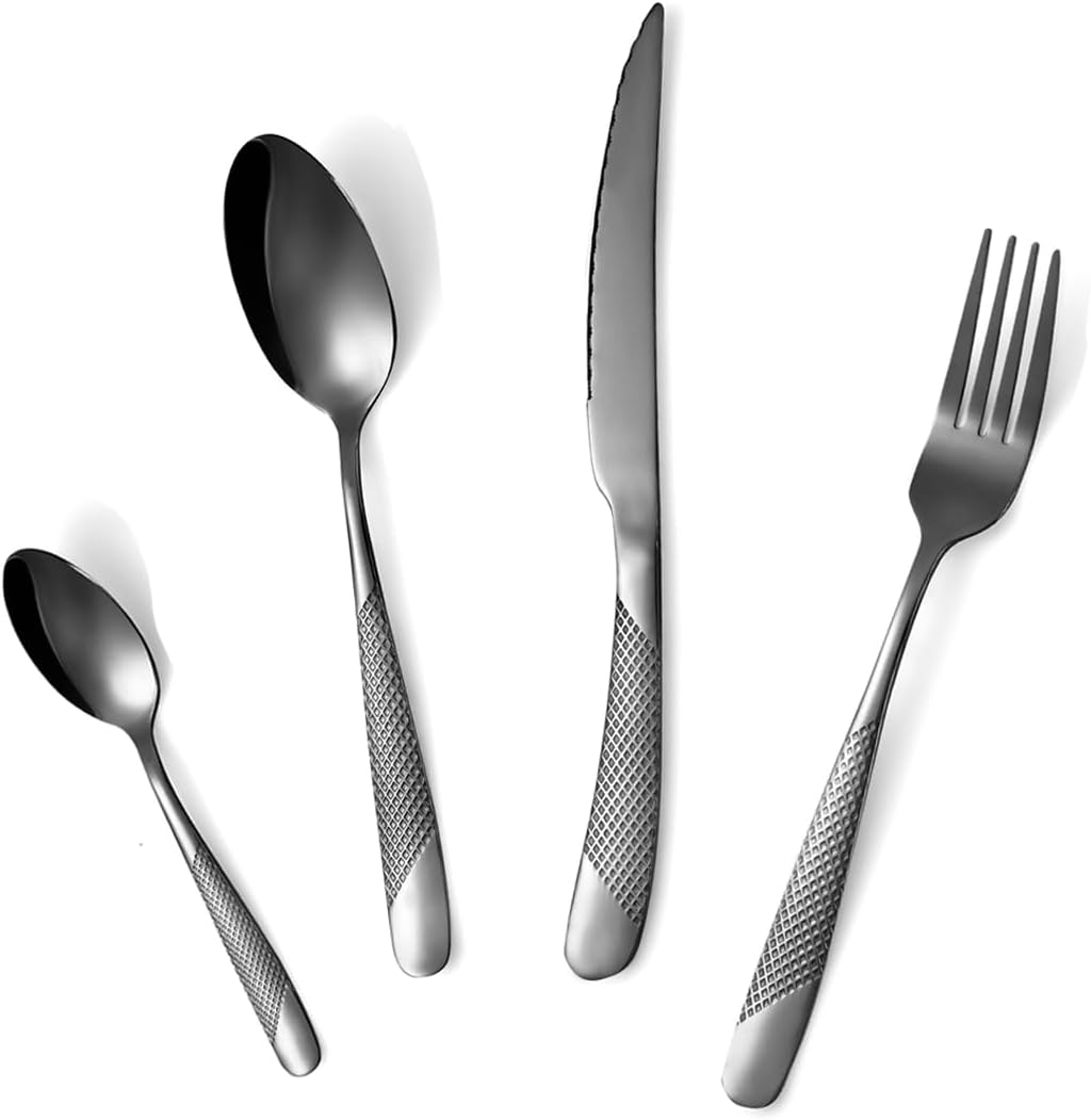 24-Piece Black Hammered Silverware Set, Food-Grade Stainless Steel Flatware Service for 6, Modern Cutlery Utensil Set with Forks Knives Spoons, Mirror Polished, Dishwasher Safe for Home Kitchen Dining