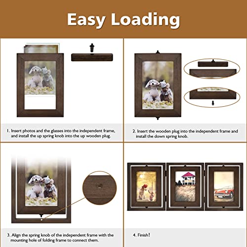 Emfogo 4X6 Picture Frame Rustic Wood Hinged Folding Triple Picture Frames Collage, Double-Sided Display Rotatable High Definition Glass Photo Frame For Home Tabletop(Walnut) #TOP6
