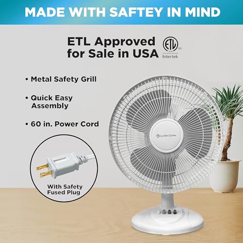 Comfort Zone 16-Inch Adjustable Tilt Table Fan - Oscillating Air Circulator for Bedroom & Home Office, 3 Speeds, Quiet Operation, Black