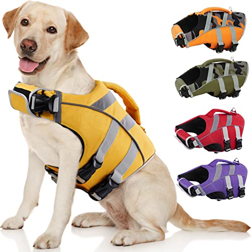 Kuoser Dog Life Jacket with Reflective Stripes - Adjustable High Visibility Vest, Ripstop Lifesaver, Pet Preserver with High Flotation Swimsuit for Small, Medium and Large Dogs XL (Chest Gir